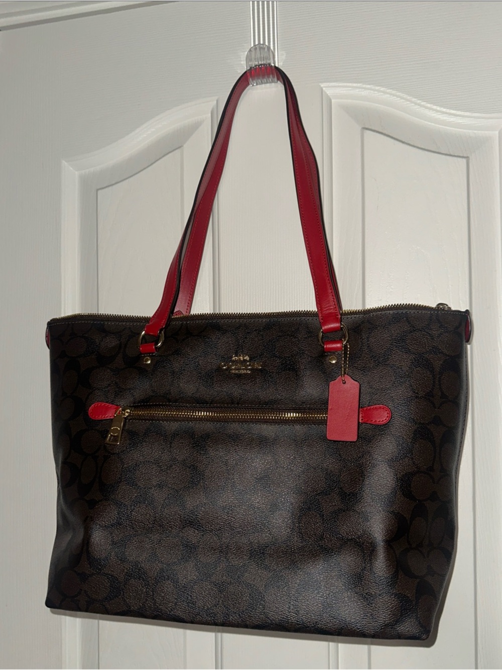 Coach Brown Signature Tote with Red Handles